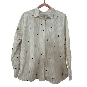 Loft Womens Striped Button Down Shirt Ladybug Embroidery Large Preppy Classic
